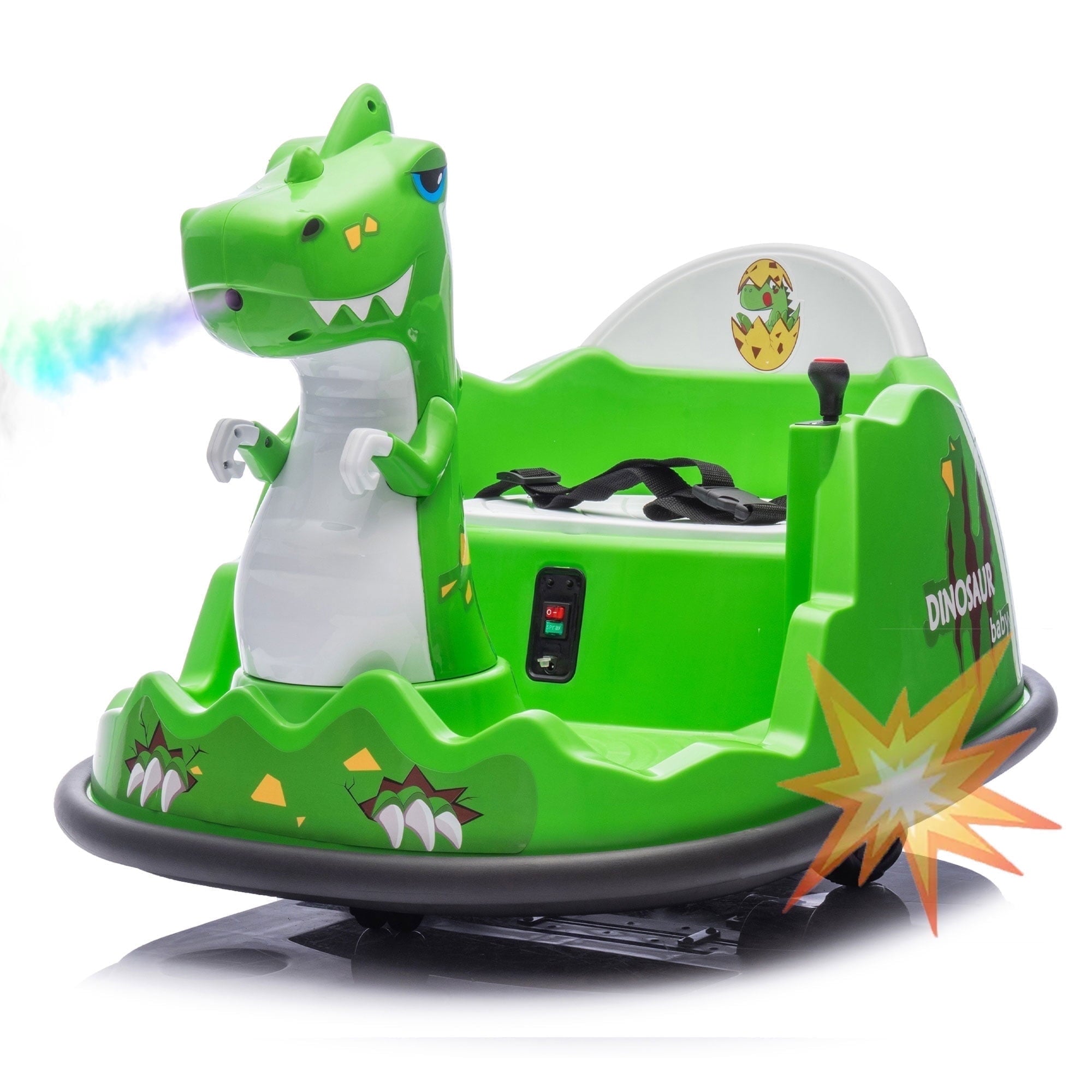 Track Seven 12V Electric Dinosaur Bumper Car for Kids, Spray Light, 360 Degree Rotation, Music, Large Size Seat Ride on Toy with Remote Control for Toddlers 2-5 Years, Green