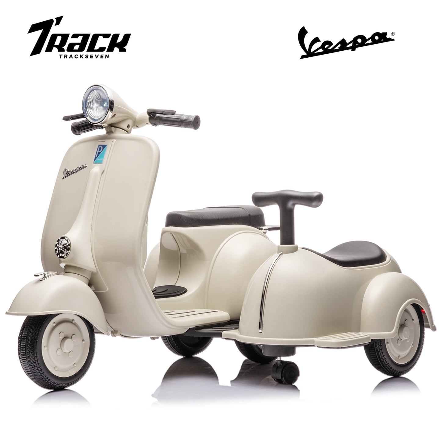 Track Seven 2-Seater Ride on Motorcycle, Licensed Vespa Electric Motorcycle with Side Car, 2-Seater Ride on Car, Music, Storage Bin, Max Speed 3.7mph, Blue