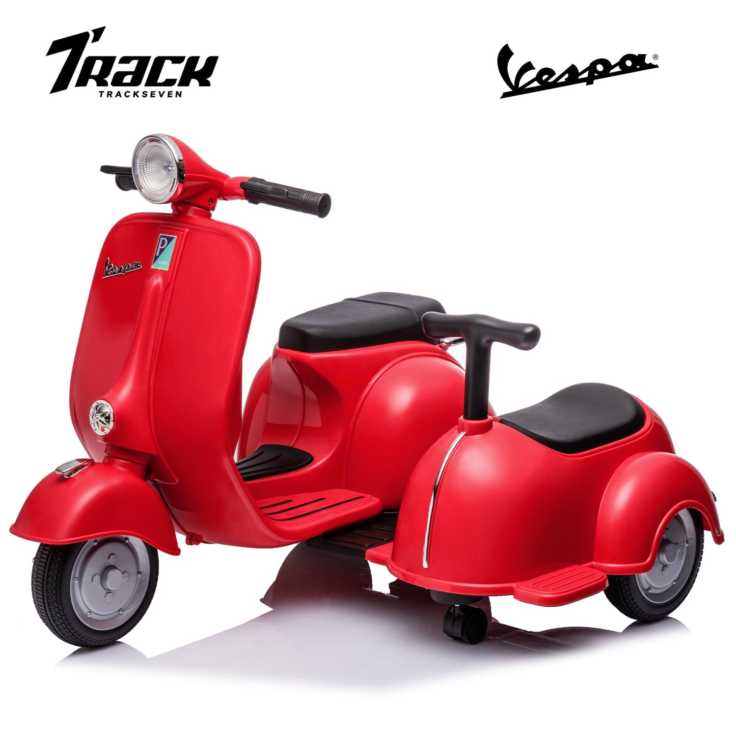 Track Seven 2-Seater Ride on Motorcycle, Licensed Vespa Electric Motorcycle with Side Car, 2-Seater Ride on Car, Music, Storage Bin, Max Speed 3.7mph, Blue