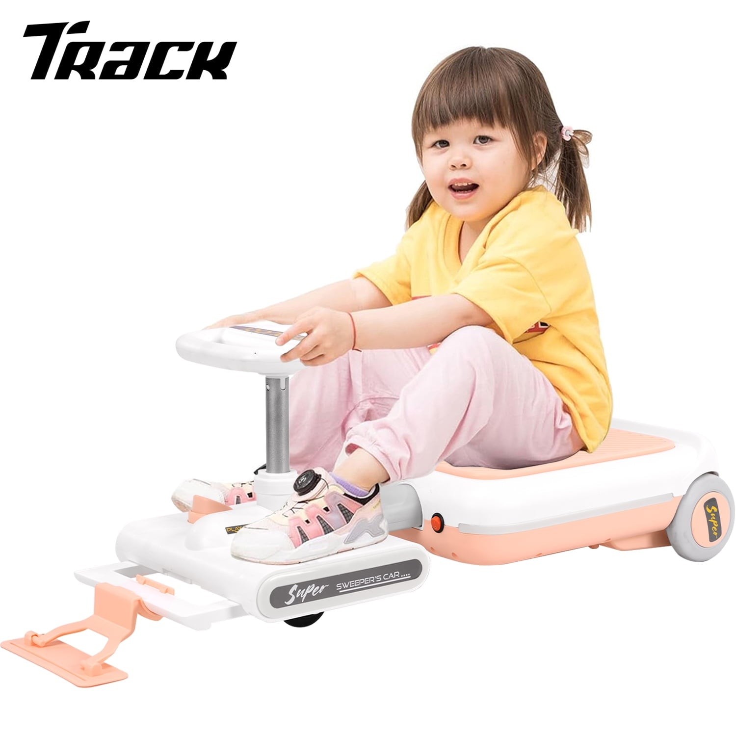 Track 7 12V Ride on Car, 12V Electric Go Kart with LED Lights, Music, Adjustable Length, Portable Go Kart with Mopping Kit, Electric Car for Boys Girls Age 2+, Pink