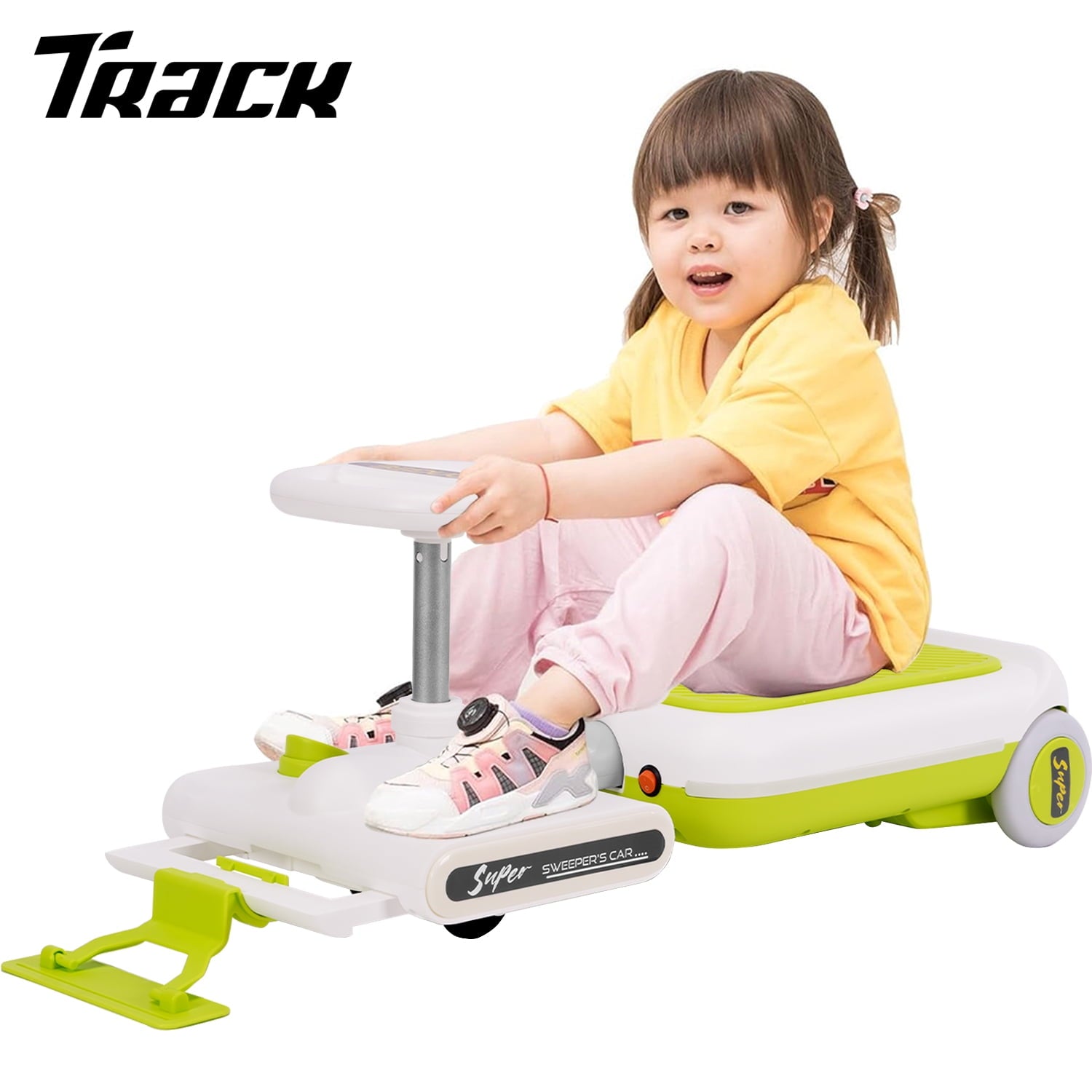 Track 7 12V Ride on Car, 12V Electric Go Kart with LED Lights, Music, Adjustable Length, Portable Go Kart with Mopping Kit, Electric Car for Boys Girls Age 2+, Pink