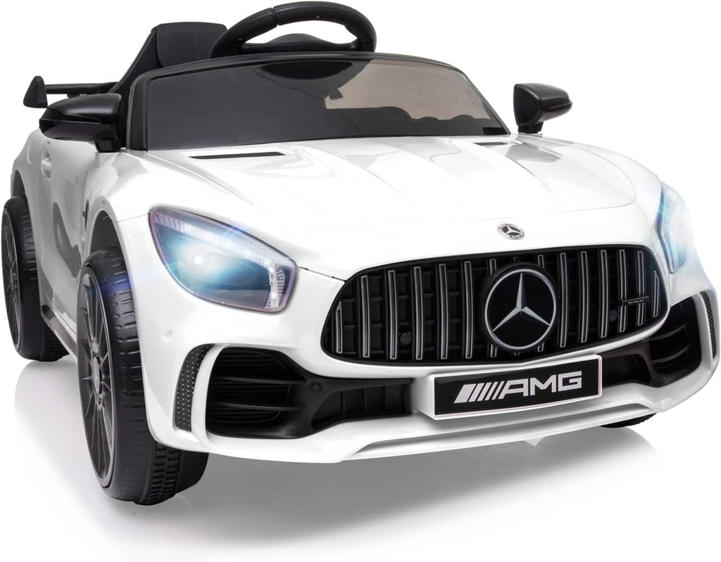 Track 7 Ride on Car with Remote Control, Licensed Benz Electric Car for Kids, 12V Electric Vehicles with AUX/FM/USB, LED Lights, White