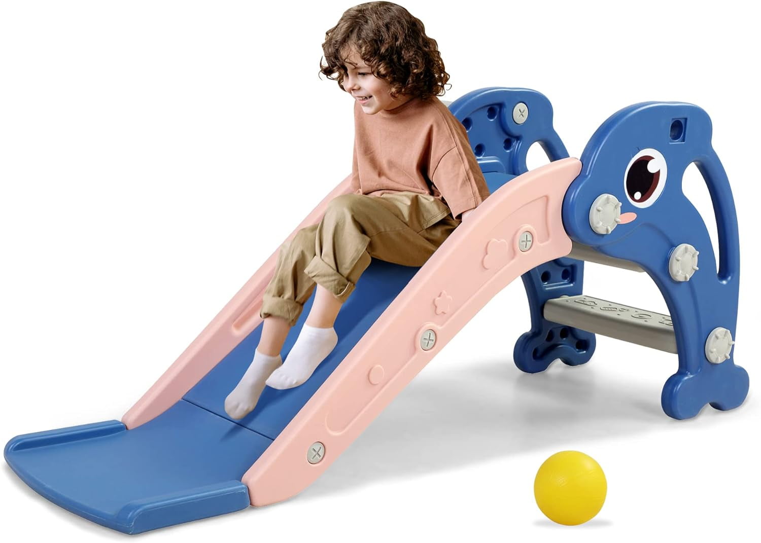 Track Seven Toddler Slide Playset with Climber, Basketball Hoop & Ball - Indoor/Outdoor Playground for Kids，Pink