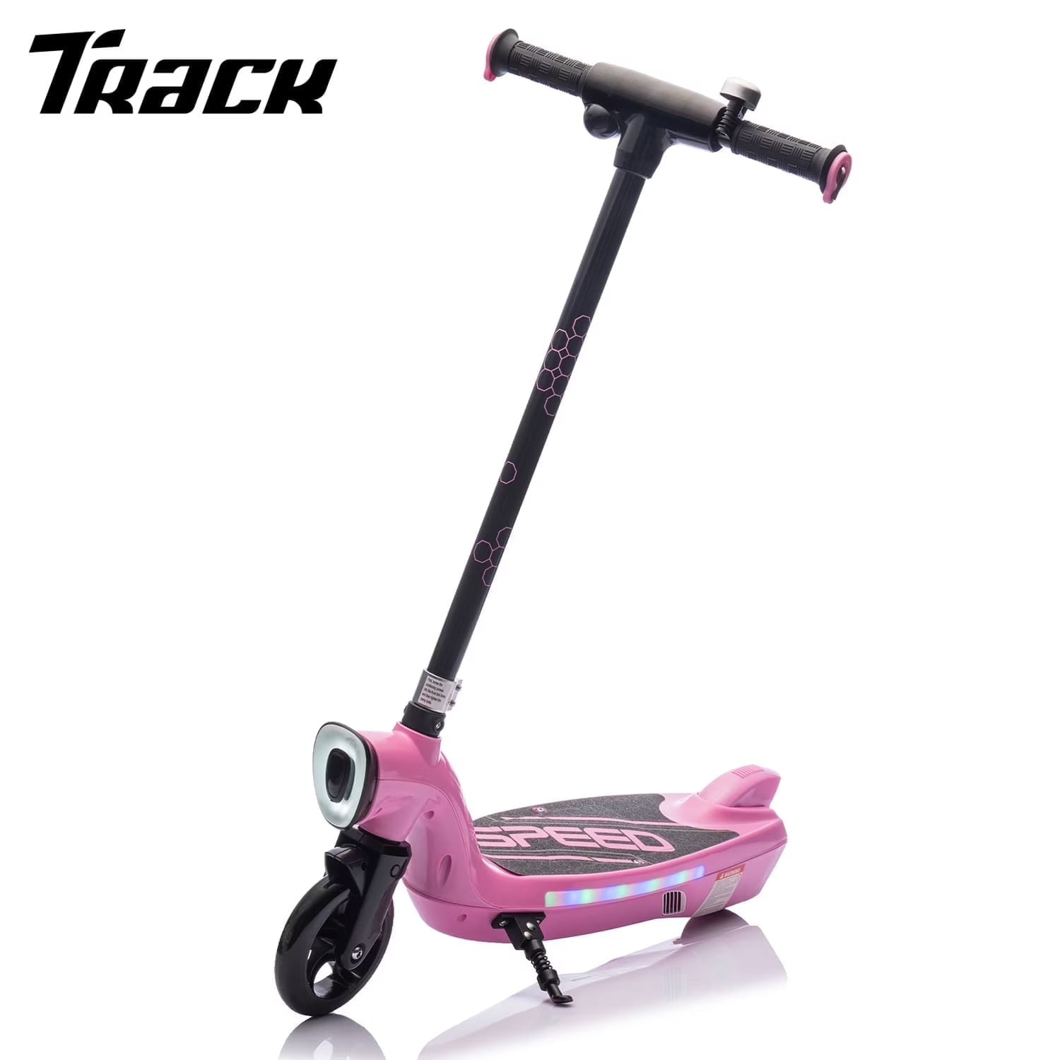 Track Seven 12V Electric Scooter for Kids, 6.5" Wide Pedal, Rear Wheel Brake, Max 6.84MPH, Front Big Light, LED Colorful Lights, Kids Electric Kick Scooters for Teens Boys Girls Aged 6+, White