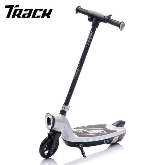 Track Seven 12V Electric Scooter for Kids, Front Big Light, Colorful Lights, Bell, 6.5" Wide Pedal, Rear Wheel Brake, Max 6.84MPH, Kids Electric Kick Scooters for Teens Boys Girls Aged 6+, White