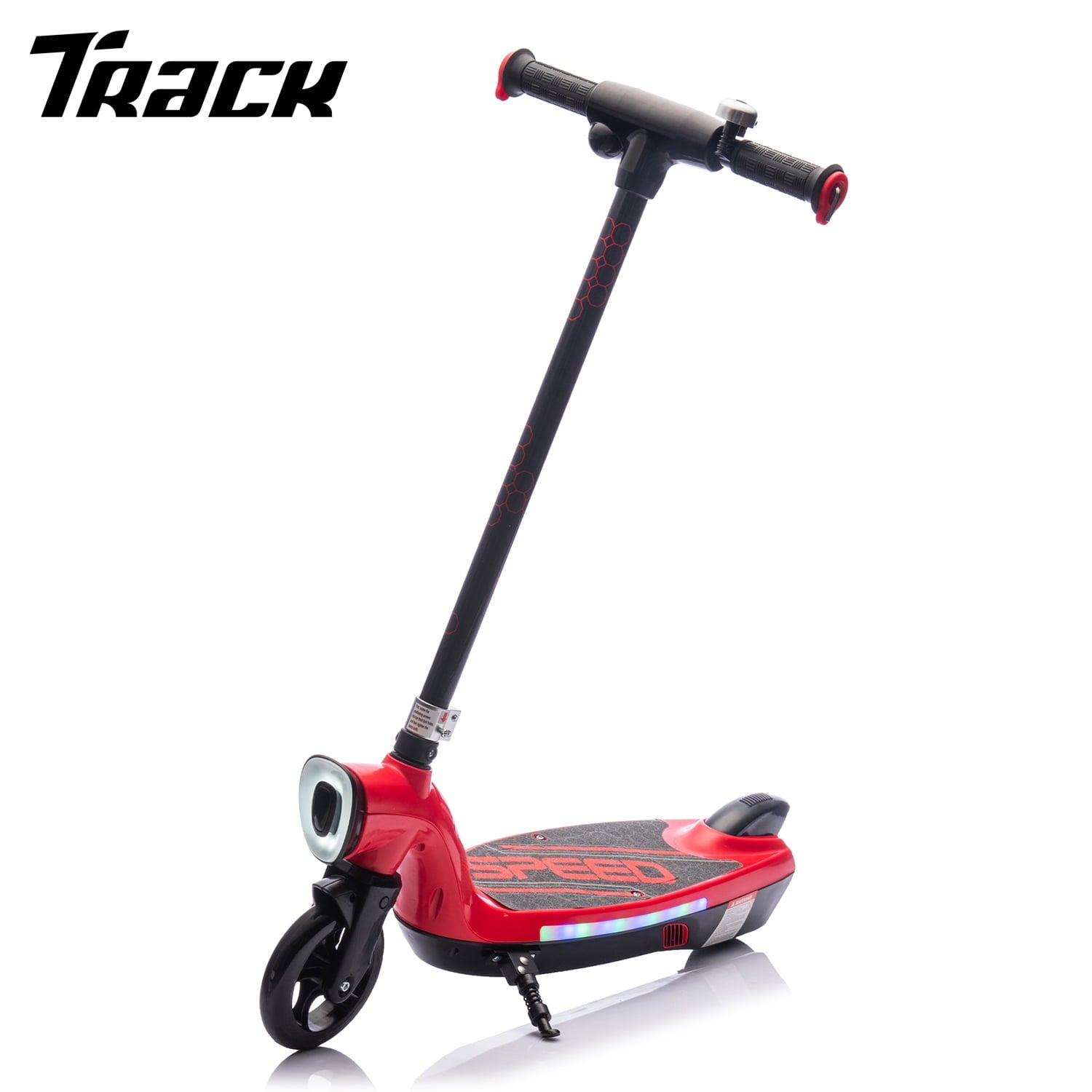 Track Seven 12V Electric Scooter for Kids, Front Big Light, Colorful Lights, Bell, 6.5" Wide Pedal, Rear Wheel Brake, Max 6.84MPH, Kids Electric Kick Scooters for Teens Boys Girls Aged 6+, White