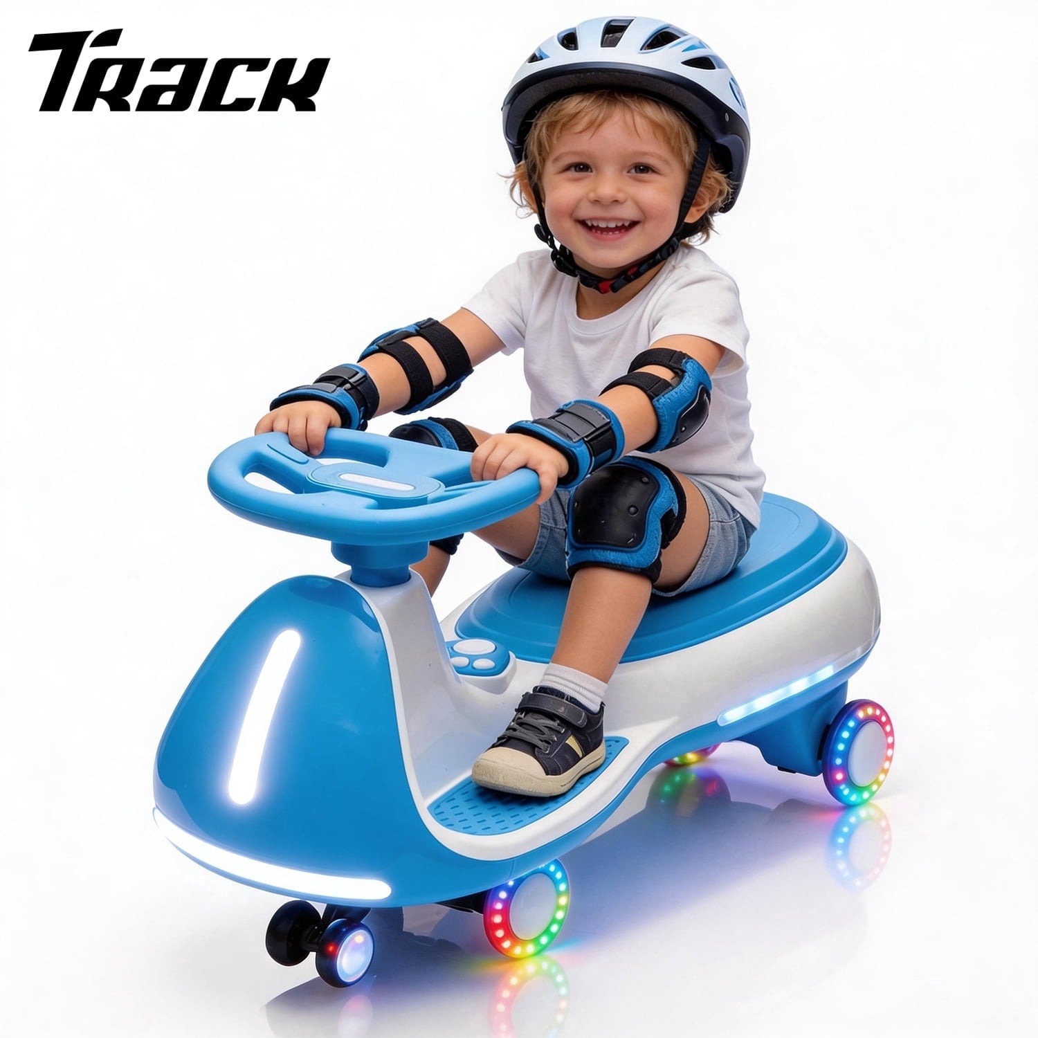 Track Seven 12V Electric Wiggle Car with Pedal, 2 in 1 Swing Car, Bluetooth, LED Lights, Flashing PU Wheels, Max Speed 5 Mph, Anti-Rollover, 12V Ride on Toy Car for Kids Toddlers Aged 3+