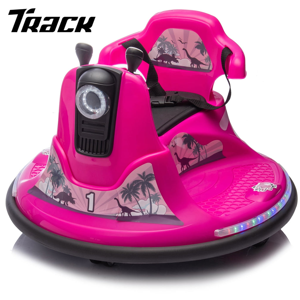 Track Seven 12V Ride On Bumper Car, 360° Spin, Remote Control, Dual Steering Handles, Kids Bumper Car with LED Lights, Music, Joysticks, Electric Car for Toddlers Boys Girls Ages 2-5, Purple
