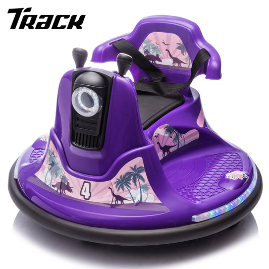 Track Seven 12V Ride On Bumper Car, 360° Spin, Remote Control, Dual Steering Handles, Kids Bumper Car with LED Lights, Music, Joysticks, Electric Car for Toddlers Boys Girls Ages 2-5, Purple