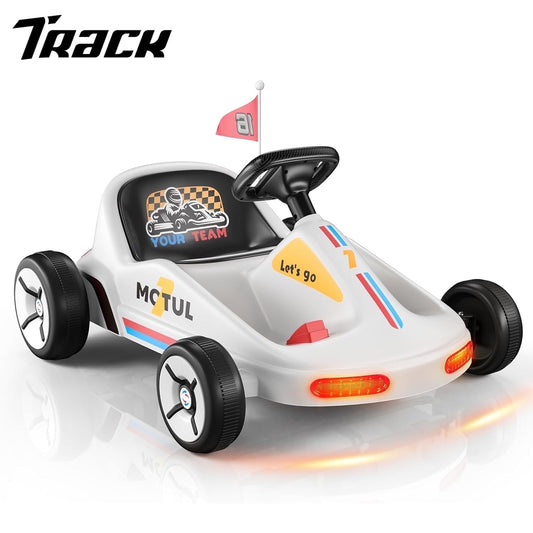 Track Seven 12V Ride on Car, Kids Electric Drifting Go Kart with Remote Control, Flashing Taillight, Bluetooth, Storytelling, Max Speed 3.7 mph, Portable Electric 4-Wheeler Car for Kids Age 3+, White