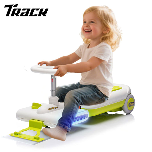 Track Seven 12V Ride on Car, Kids Electric Go Kart with LED Lights, Music, Adjustable Length, Portable Go Kart with Detachable Mopping Kit, Electric Car for Kids Toddlers Age 3+, Green
