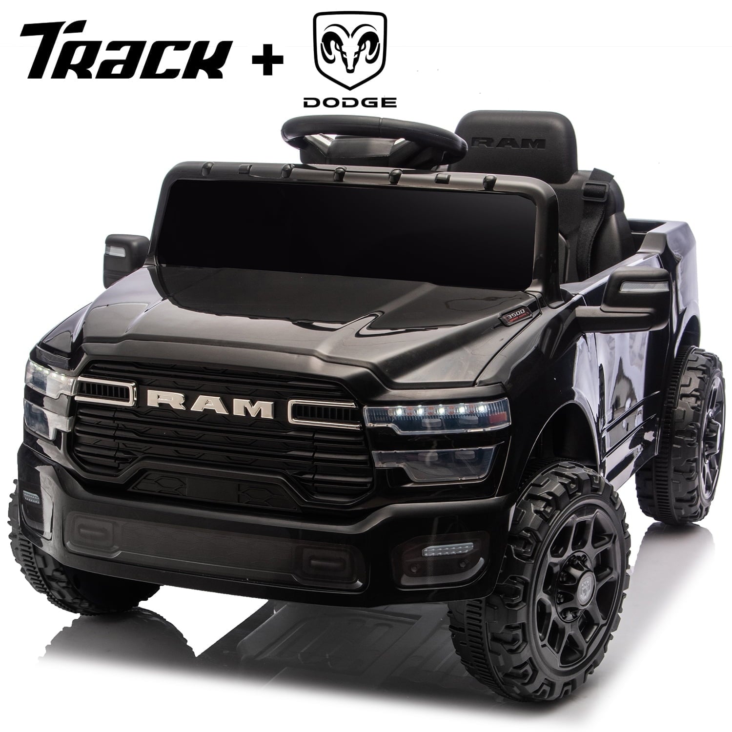 Track Seven 12V Ride on Car, Licensed Dodge RAM 3500 Ride On Truck with Remote Control, Rear Shock Suspension, LED Headlights, Low Battery Alarm, Bluetooth, Music, Ride on Toy for Kids Aged 3+, White