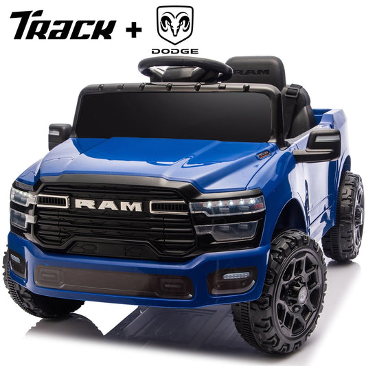 Track Seven 12V Ride on Car, Licensed Dodge RAM 3500 Ride On Truck with Remote Control, Rear Shock Suspension, LED Headlights, Low Battery Alarm, Bluetooth, Music, Ride on Toy for Kids Aged 3+, Blue
