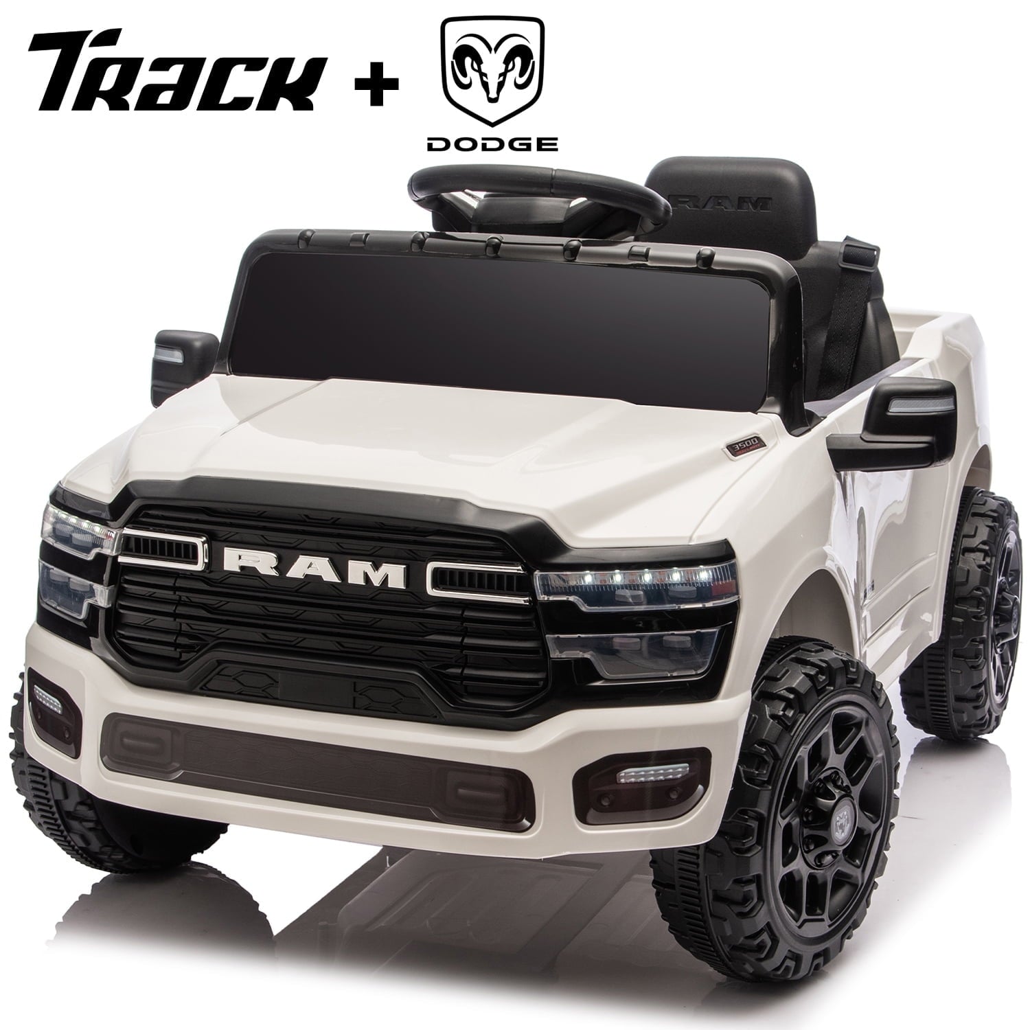 Track Seven 12V Ride on Car, Licensed Dodge RAM 3500 Ride On Truck with Remote Control, Rear Shock Suspension, LED Headlights, Low Battery Alarm, Bluetooth, Music, Ride on Toy for Kids Aged 3+, Black