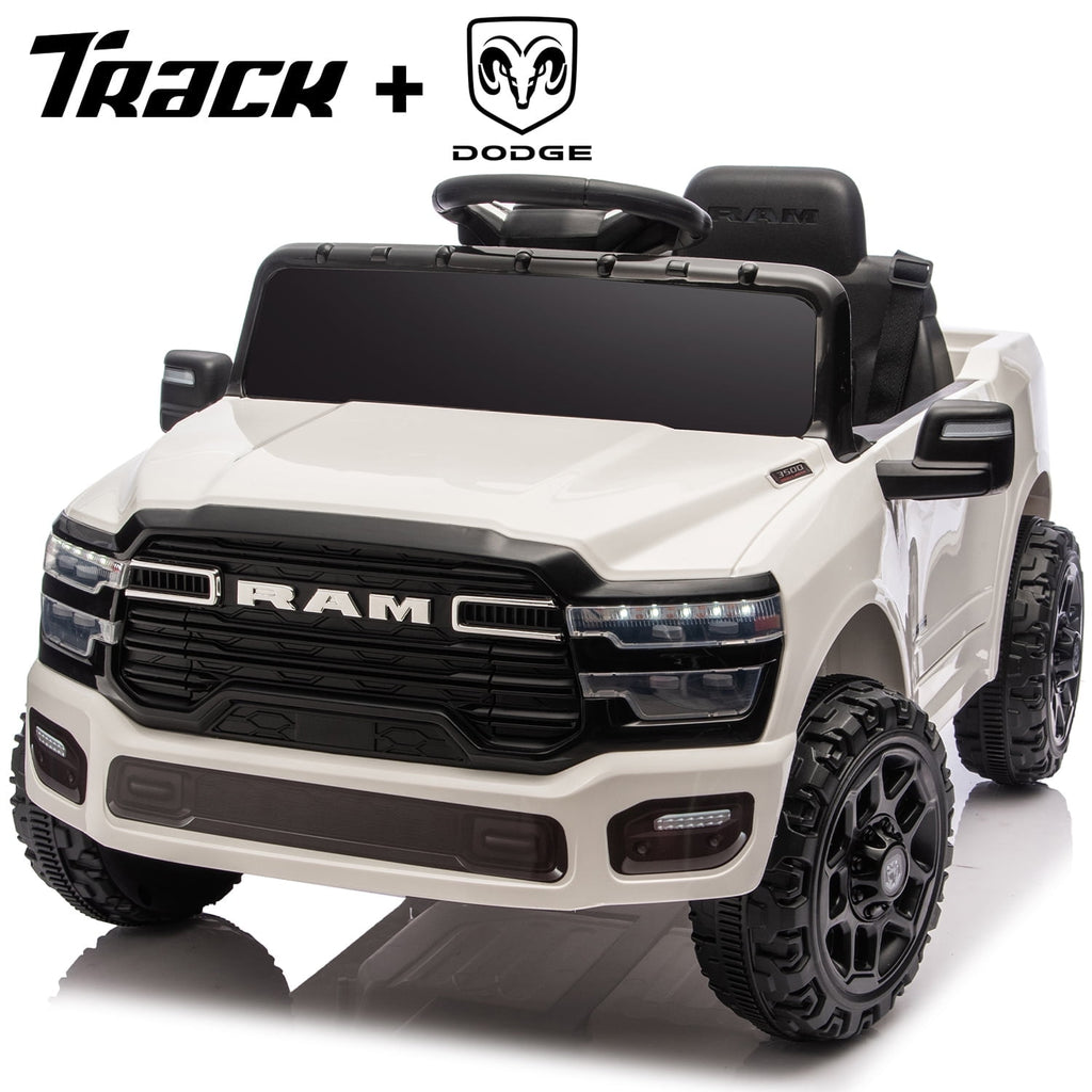 Track Seven 12V Ride on Car, Licensed Dodge RAM 3500 Ride On Truck with Remote Control, Rear Shock Suspension, LED Headlights, Low Battery Alarm, Bluetooth, Music, Ride on Toy for Kids Aged 3+, White