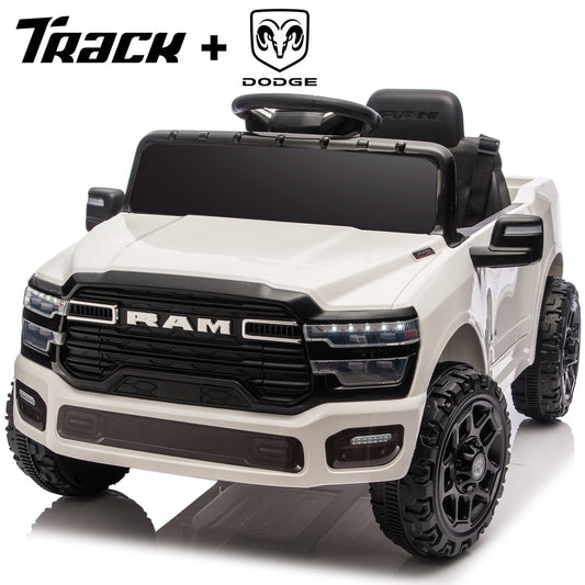 Track Seven 12V Ride on Car, Licensed Dodge RAM 3500 Ride On Truck with Remote Control, Rear Shock Suspension, LED Headlights, Low Battery Alarm, Bluetooth, Music, Ride on Toy for Kids Aged 3+, White