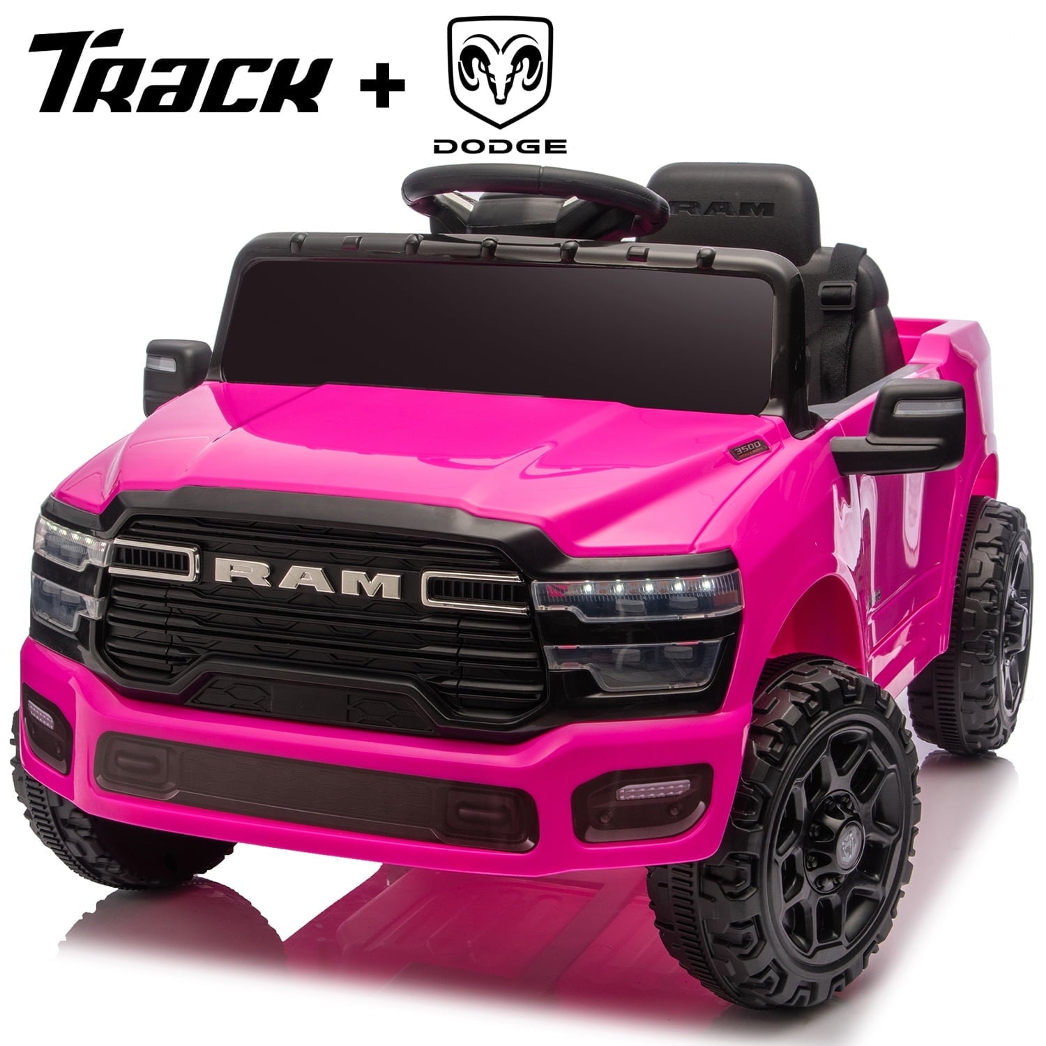 Track Seven 12V Ride on Car, Licensed Dodge RAM 3500 Ride On Truck with Remote Control, Rear Shock Suspension, LED Headlights, Low Battery Alarm, Bluetooth, Music, Ride on Toy for Kids Aged 3+, Black