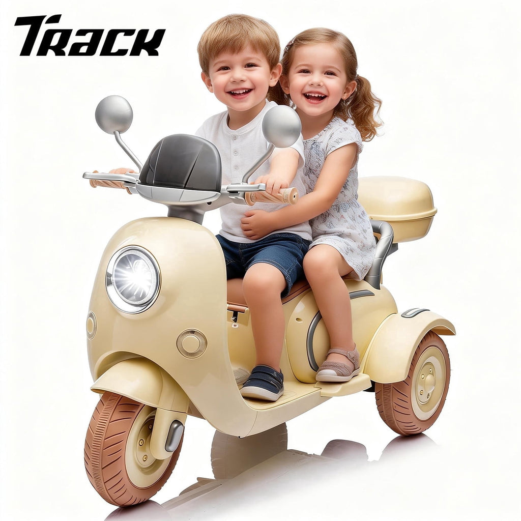 Track Seven 12V Ride on Motorcycle, 2-Seater Electric Motorcycle with Dual Motor, 3 Wheels Motorbike with Bluetooth, LED Lights, Storage Box, Front Hook, Ride on Toy Car for Boys Girls Aged 3+, Pink