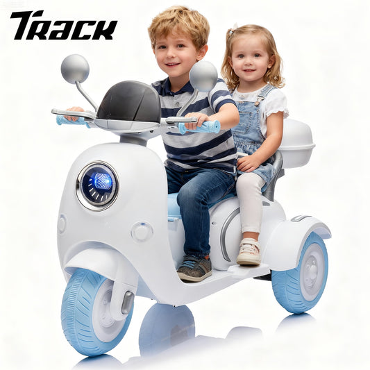 Track Seven 12V Ride on Motorcycle, 2-Seater Electric Motorcycle with Dual Motor, 3 Wheels Motorbike with Bluetooth, LED Lights, Storage Box, Front Hook, Ride on Toy Car for Boys Girls Aged 3+, White