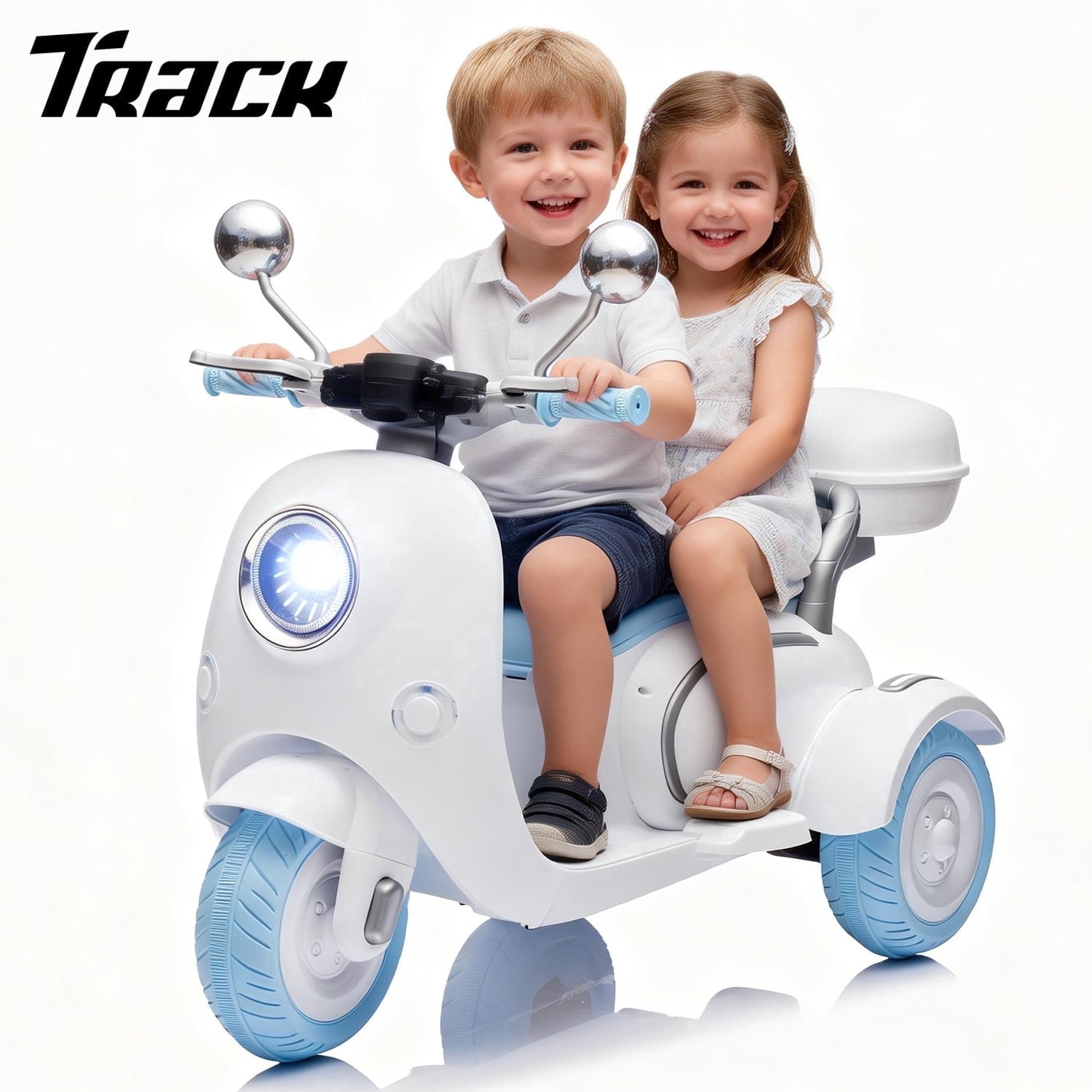 Track Seven 12V Ride on Motorcycle, 2-Seater Electric Motorcycle with Dual Motor, 3 Wheels Motorbike with Bluetooth, LED Lights, Storage Box, Front Hook, Ride on Toy Car for Boys Girls Aged 3+, Pink
