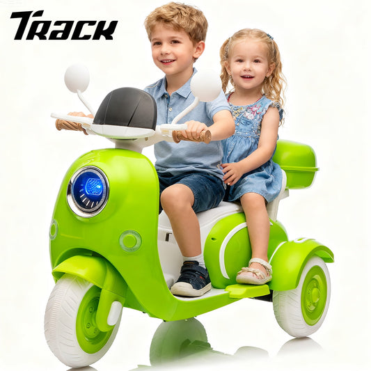 Track Seven 12V Ride on Motorcycle, 2-Seater Electric Motorcycle with Dual Motor, 3 Wheels Motorbike with Bluetooth, LED Lights, Storage Box, Front Hook, Ride on Toy Car for Boys Girls Aged 3+, Green