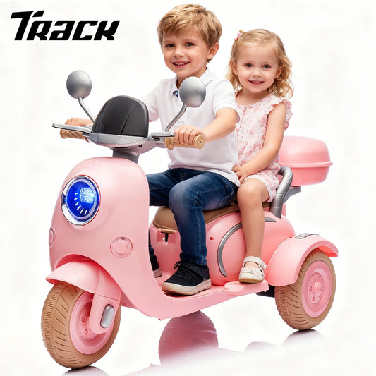 Track Seven 12V Ride on Motorcycle, 2-Seater Electric Motorcycle with Dual Motor, 3 Wheels Motorbike with Bluetooth, LED Lights, Storage Box, Front Hook, Ride on Toy Car for Boys Girls Aged 3+, Pink