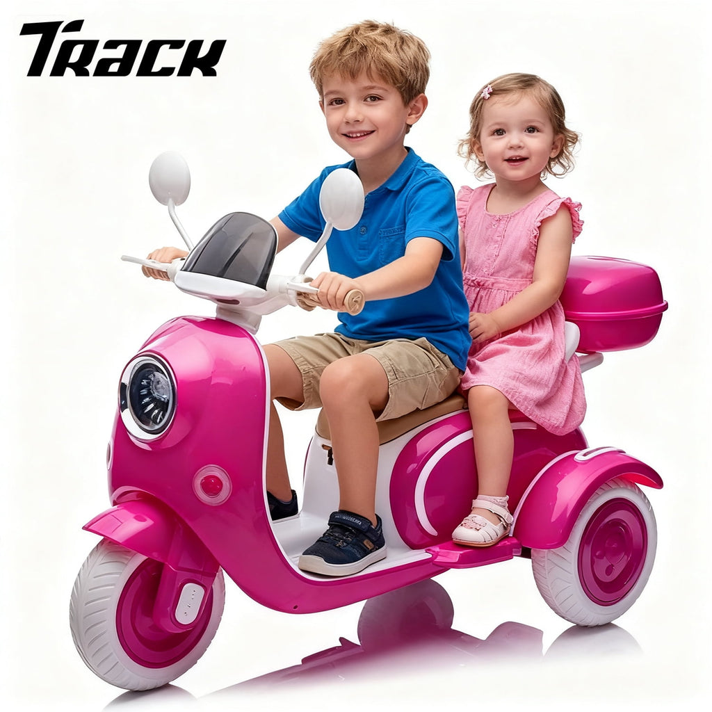 Track Seven 12V Ride on Motorcycle, 2-Seater Electric Motorcycle with Dual Motor, 3 Wheels Motorbike with Bluetooth, LED Lights, Storage Box, Front Hook, Ride on Toy Car for Boys Girls Aged 3+, Rose