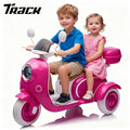 Track Seven 12V Ride on Motorcycle, 2-Seater Electric Motorcycle with Dual Motor, 3 Wheels Motorbike with Bluetooth, LED Lights, Storage Box, Front Hook, Ride on Toy Car for Boys Girls Aged 3+, Rose