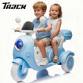 Track Seven 12V Ride on Motorcycle, 2-Seater Electric Motorcycle with Dual Motor, 3 Wheels Motorbike with Bluetooth, LED Lights, Storage Box, Front Hook, Ride on Toy Car for Boys Girls Aged 3+, Blue