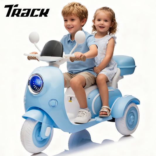Track Seven 12V Ride on Motorcycle, 2-Seater Electric Motorcycle with Dual Motor, 3 Wheels Motorbike with Bluetooth, LED Lights, Storage Box, Front Hook, Ride on Toy Car for Boys Girls Aged 3+, Blue