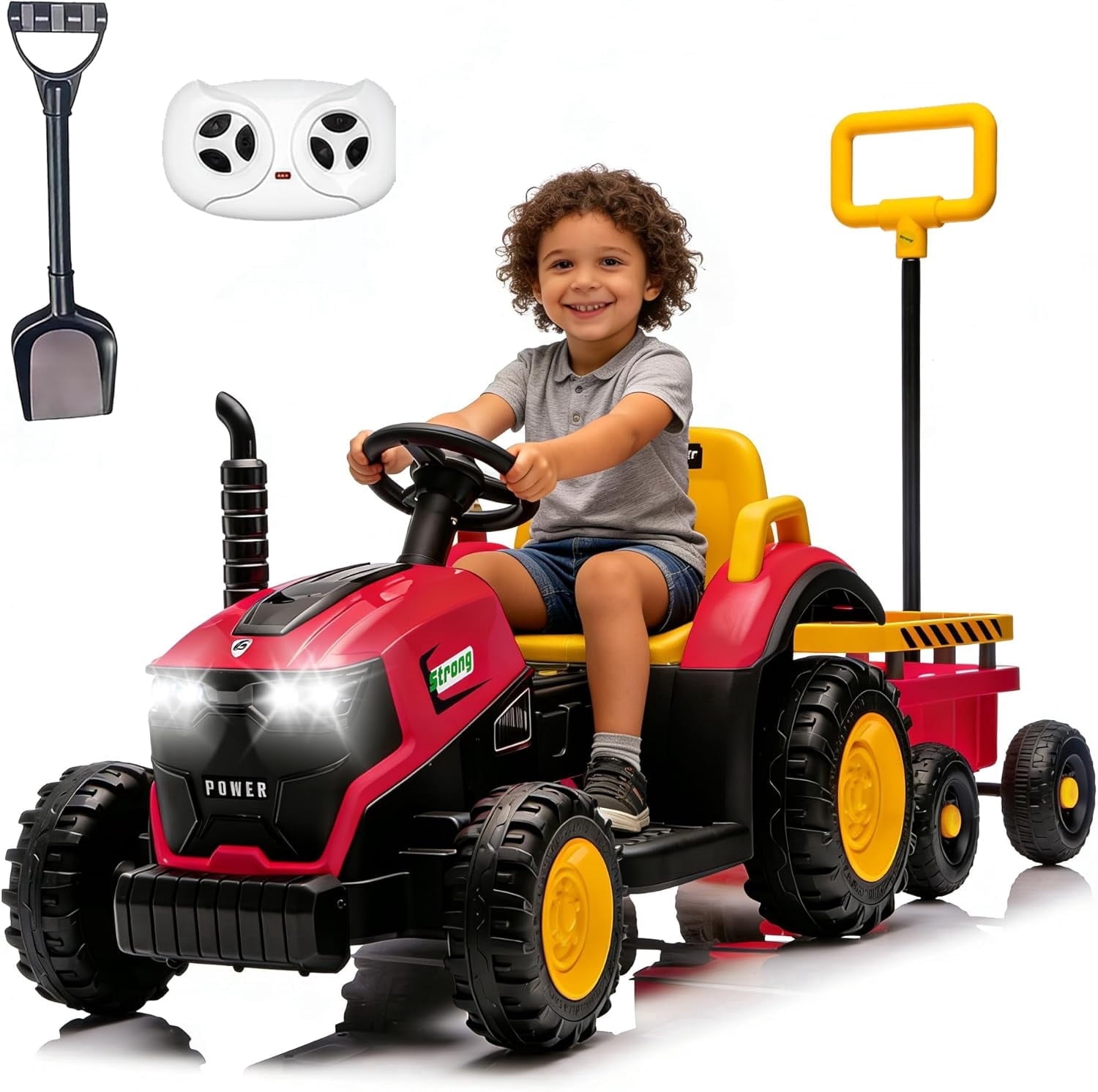 Track Seven 12V Ride on Tractor with Detachable Trailer, Kids' Electric Vehicles with LED Lights, Music, Remote Control Tractor Toy for Boys Girls Aged 3+, 12V Ride on Toys Car for Kids, Pink