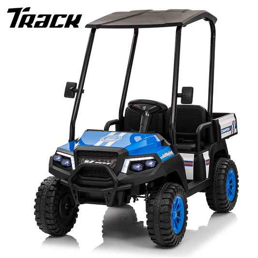 Track Seven 2-Seater 24V Ride on Car, Electric off-Road Truck with Remote Control, Removable Sunshade, Bluetooth, Rear Storage, 20" Wide Seat, Ride on Toy Car for Boys Girls Aged 3+, Blue