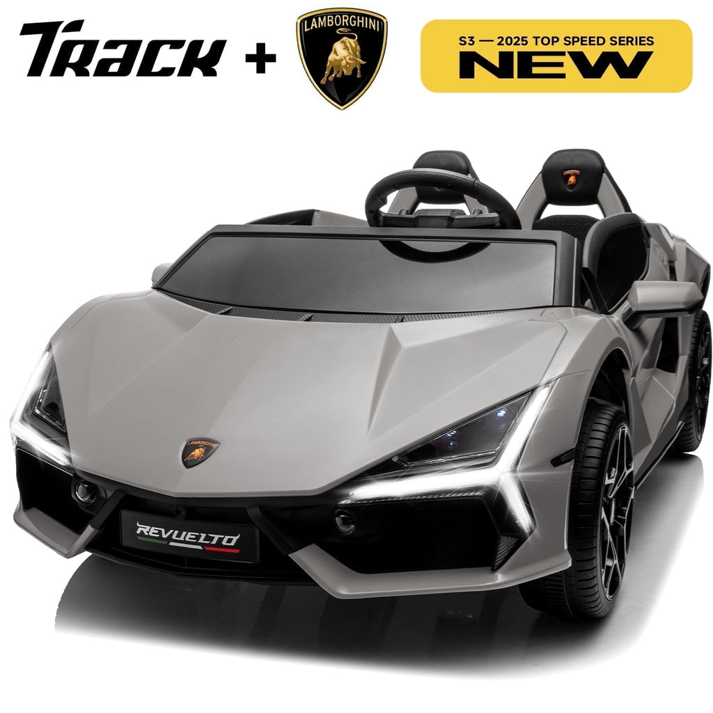 Track Seven 24V 2-Seater Ride on Car, Licensed Lamborghini Revuelto Electric Car with Remote Control, Music, LED Lights, Key Start, Spring Suspension, Max Speed 4.3mph, 24V Ride on Toy Car, Grey