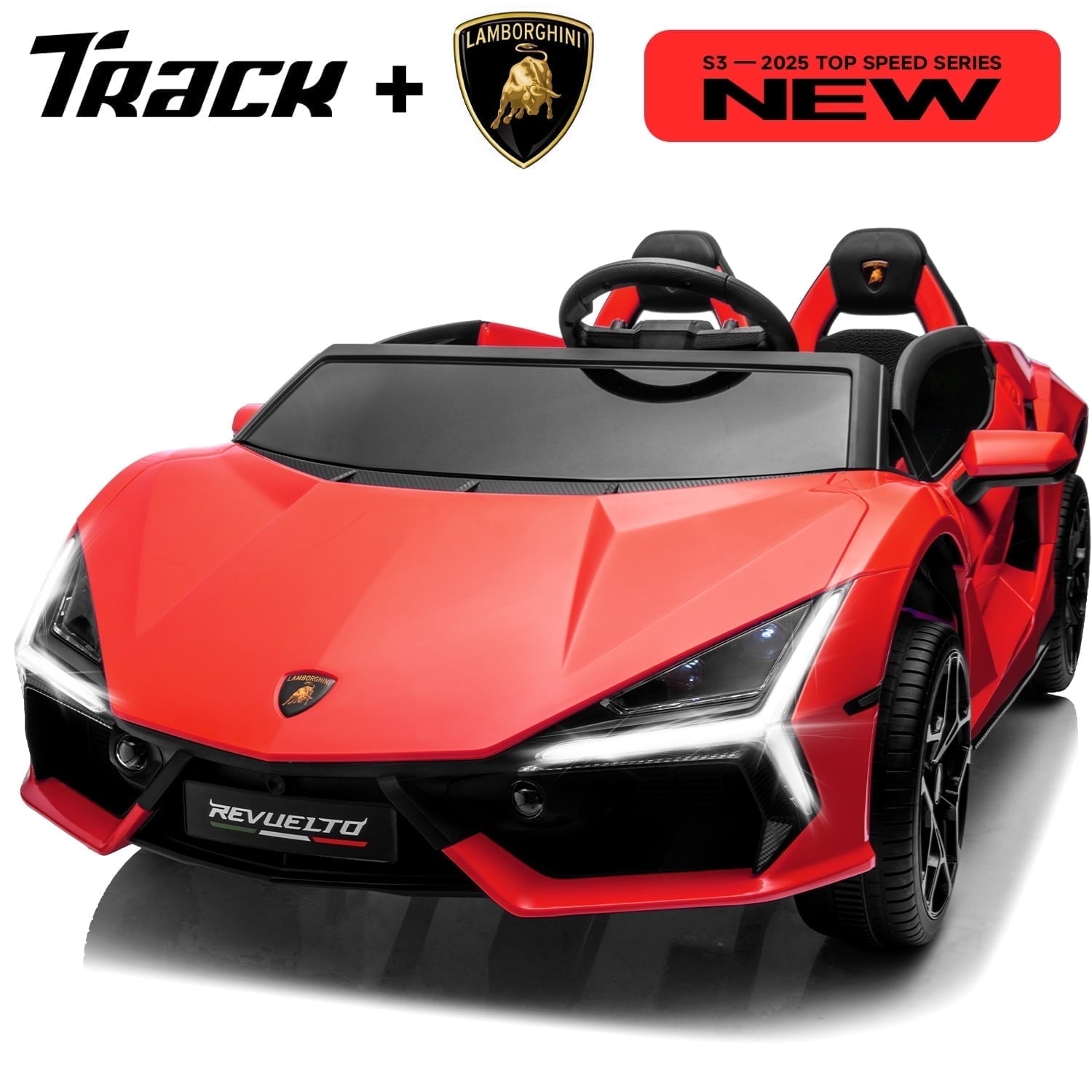 Track Seven 24V 2-Seater Ride on Car, Licensed Lamborghini Revuelto Electric Car with Remote Control, Music, LED Lights, Key Start, Spring Suspension, Max Speed 4.3mph, 24V Ride on Toy Car, Grey