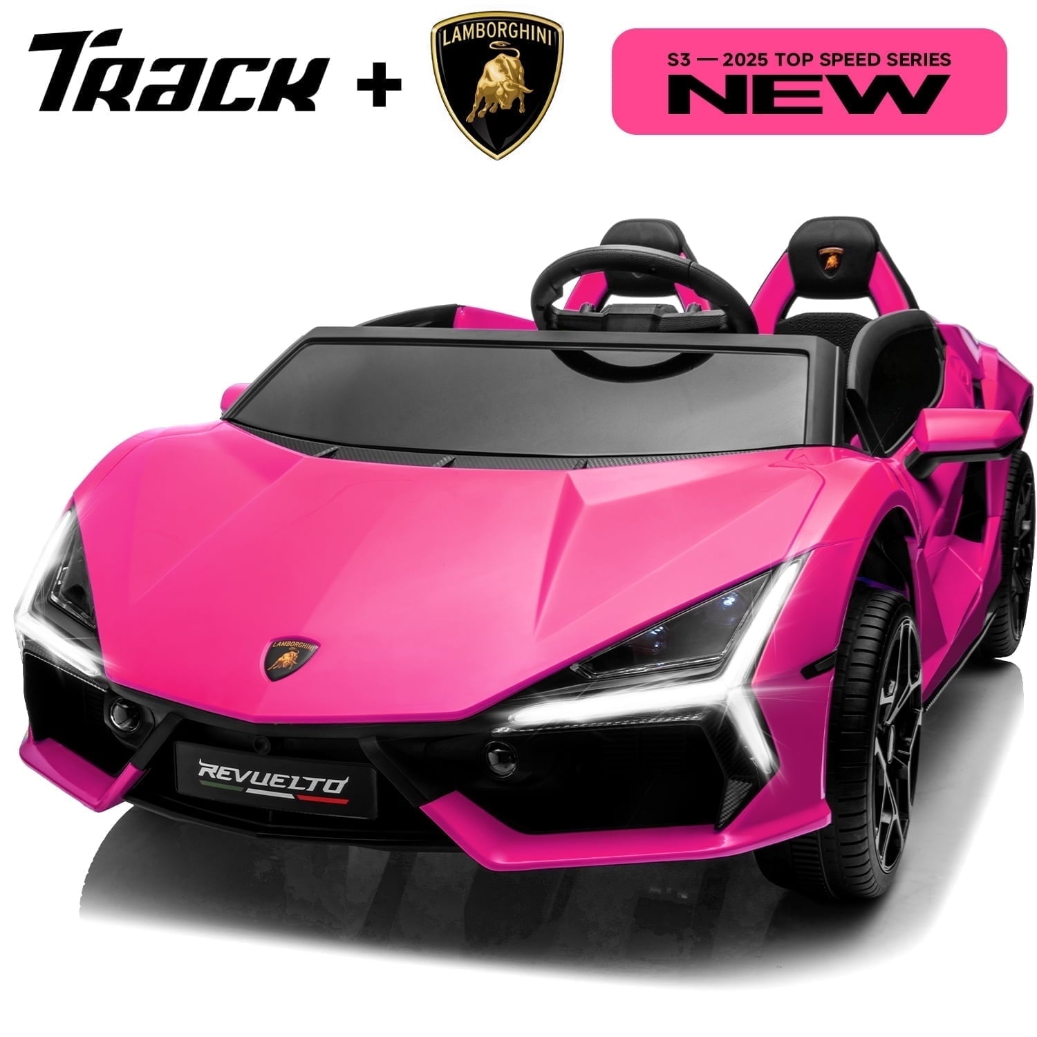 Track Seven 24V 2-Seater Ride on Car, Licensed Lamborghini Revuelto Electric Car with Remote Control, Music, LED Lights, Key Start, Spring Suspension, Max Speed 4.3mph, 24V Ride on Toy Car, Green