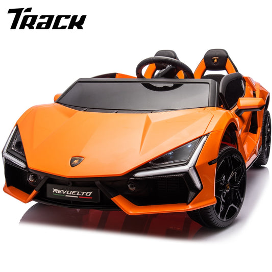Track Seven 24V 2-Seater Ride on Car, Licensed Lamborghini Revuelto Electric Car with Remote Control, Music, LED Lights, Key Start, Spring Suspension, Max Speed 4.3mph, 24V Ride on Toy Car