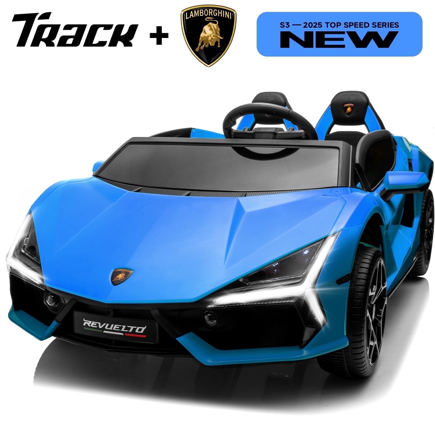 Track Seven 24V 2-Seater Ride on Car, Licensed Lamborghini Revuelto Electric Car with Remote Control, Music, LED Lights, Key Start, Spring Suspension, Max Speed 4.3mph, 24V Ride on Toy Car, Grey