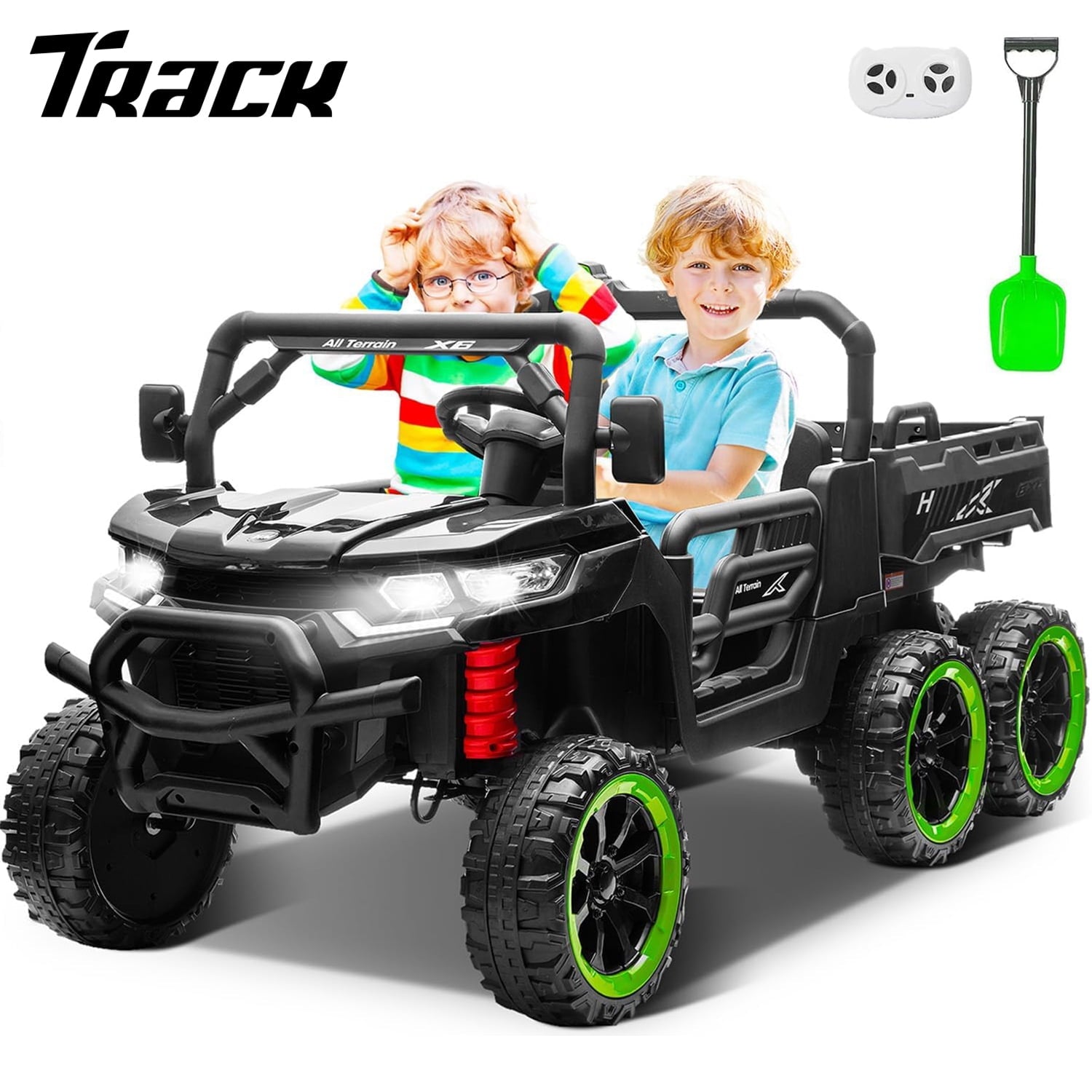 Track Seven 24V 2-Seater Ride on Dump Truck, 4WD 6-Wheel Kids Ride on Car w/Remote Control, Electric Dump Bed, Toy Shovel, Music, Max Speed 5 mph, 21" Large Seat, Ride on Toy for Kids Age 3+, Green