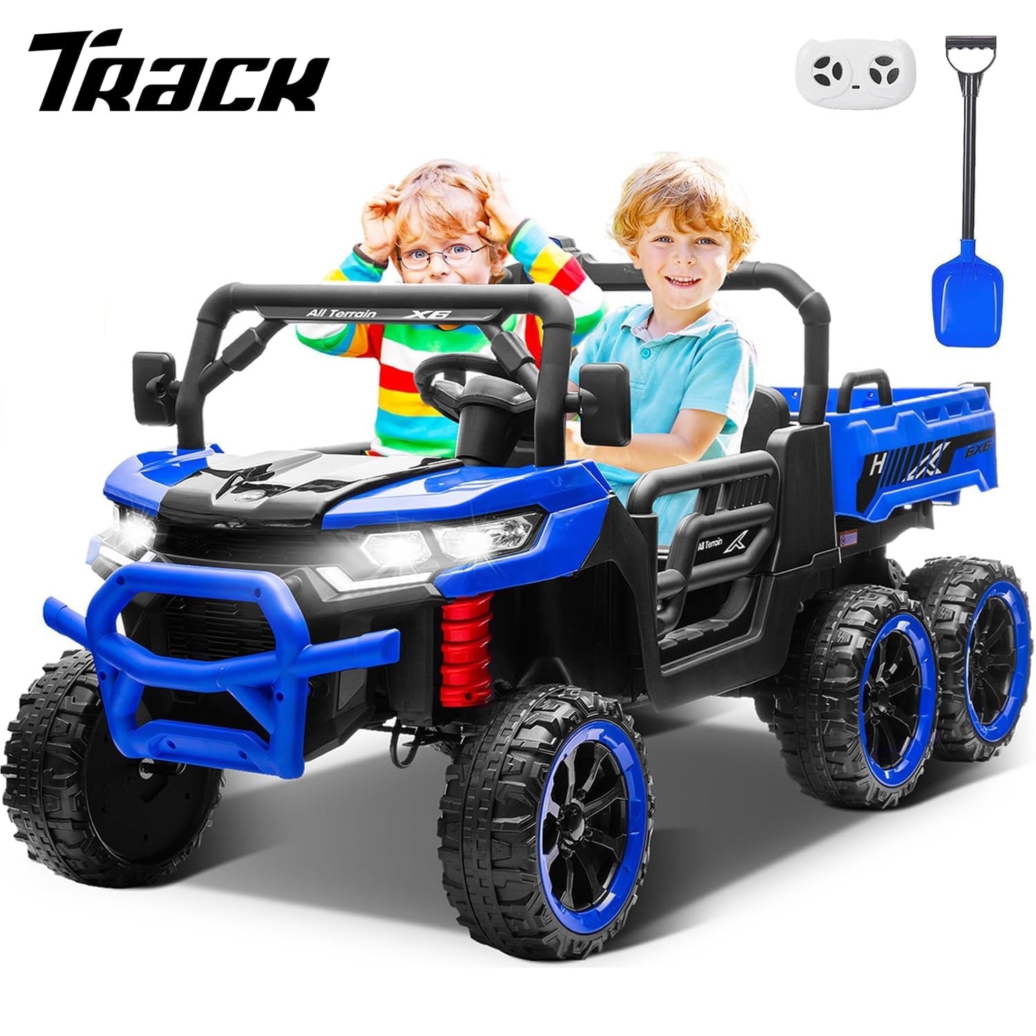 Track Seven 24V 2-Seater Ride on Dump Truck, 4WD 6-Wheel Kids Ride on Car w/Remote Control, Electric Dump Bed, Toy Shovel, Music, Max Speed 5 mph, 21" Large Seat, Ride on Toy for Kids Age 3+, Red