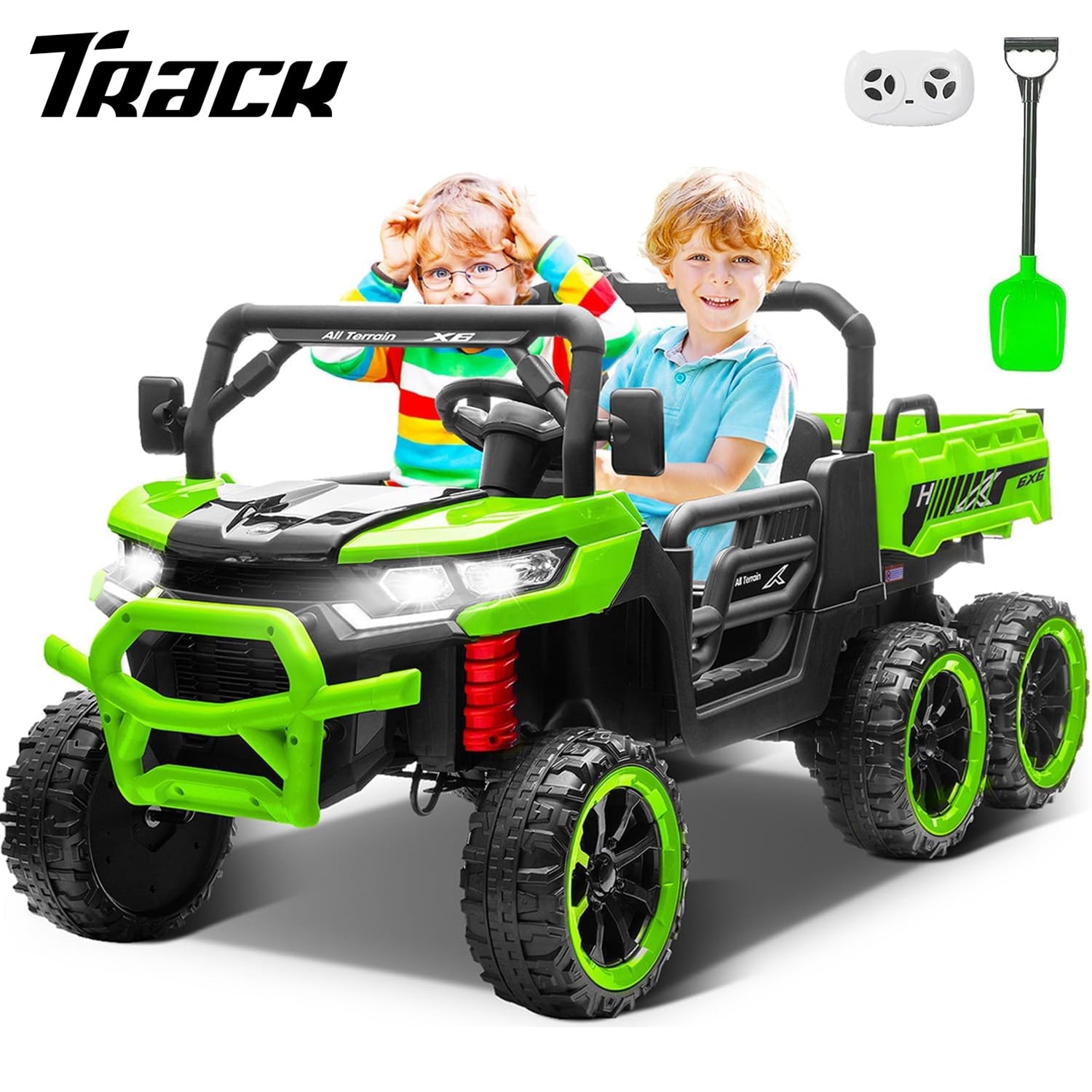 Track Seven 24V 2-Seater Ride on Dump Truck, 4WD 6-Wheel Kids Ride on Car w/Remote Control, Electric Dump Bed, Toy Shovel, Music, Max Speed 5 mph, 21" Large Seat, Ride on Toy for Kids Age 3+, Black