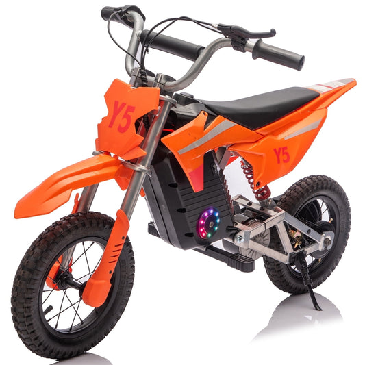 Track Seven 24V Electric Dirt Bike, 250W Ride on Motorcycle, 3 Speed Up-to 9.3 mph, Battery Display, Rear Suspension, Disc Brake, Bluetooth, LED Light, Electric Motocross Bike for Kids Age 8+, Orange
