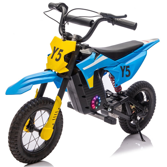 Track Seven 24V Electric Dirt Bike, 250W Ride on Motorcycle, 3 Speed Up-to 9.32 mph, Battery Display, Rear Suspension, Disc Brake, Bluetooth, LED Light, Electric Motocross Bike for Kids Aged 8+, Blue