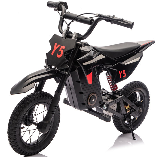 Track Seven 24V Electric Dirt Bike, 250W Ride on Motorcycle, 3 Speed Up-to 9.32 mph, Battery Display, Rear Suspension, Disc Brake, Bluetooth, LED Light, Electric Motocross Bike for Kids Age 8+, Black