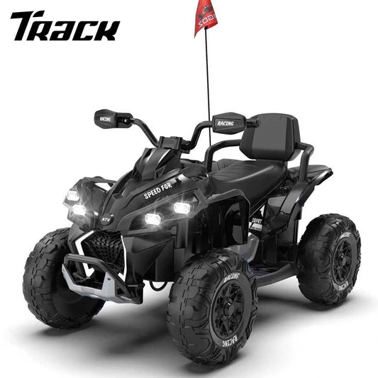 Track Seven 24V Kids Ride-On ATV, Four Wheeler Quad Electric Car with Remote, 2 Speeds, Bluetooth, LED Light, English Storytelling, Shock Absorber, Kids Electric ATV for Boys Girls Aged 3+, Black
