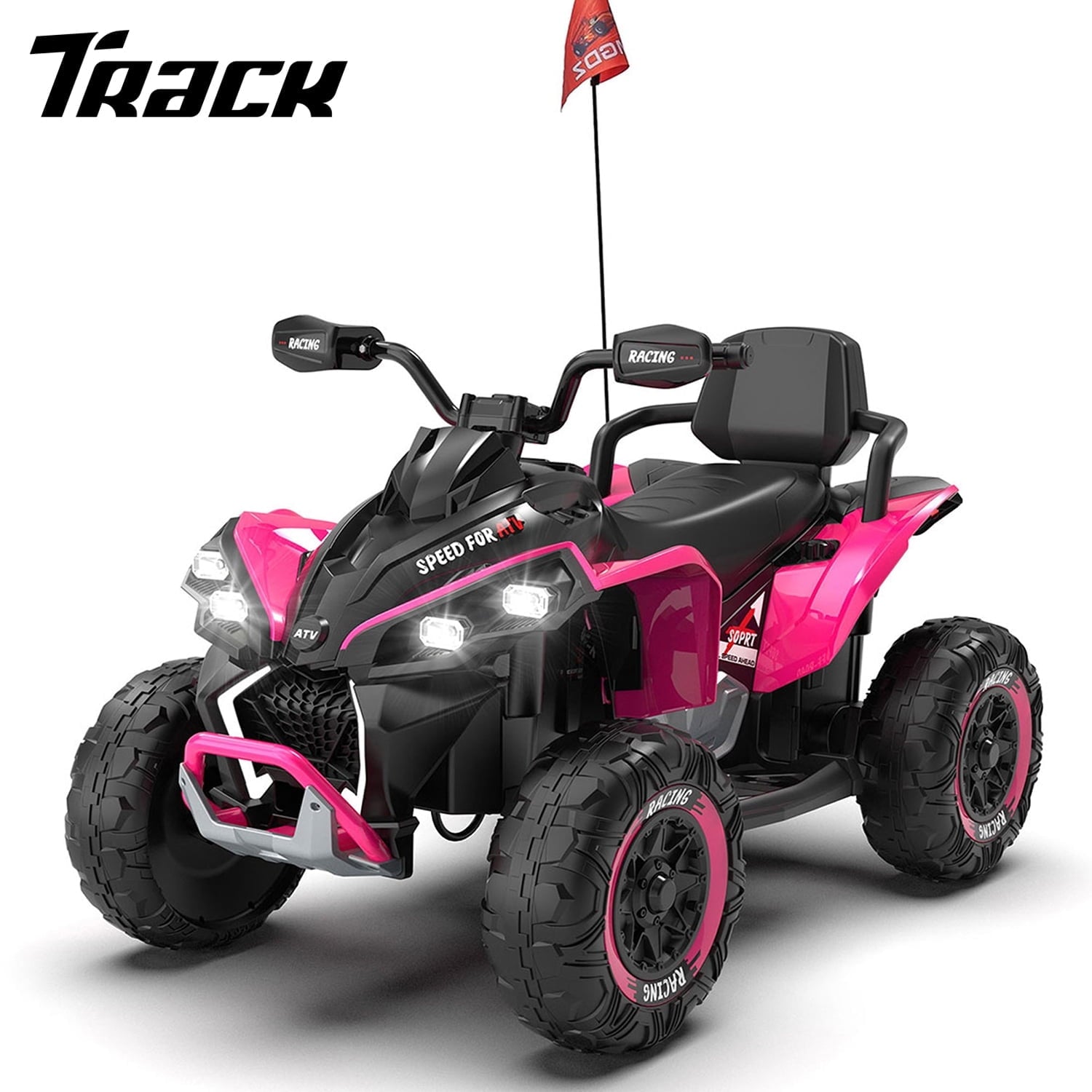 Track Seven 24V Kids Ride-On ATV, Four Wheeler Quad Electric Car with Remote, 2 Speeds, Bluetooth, LED Light, English Storytelling, Shock Absorber, Kids Electric ATV for Boys Girls Aged 3+, Black
