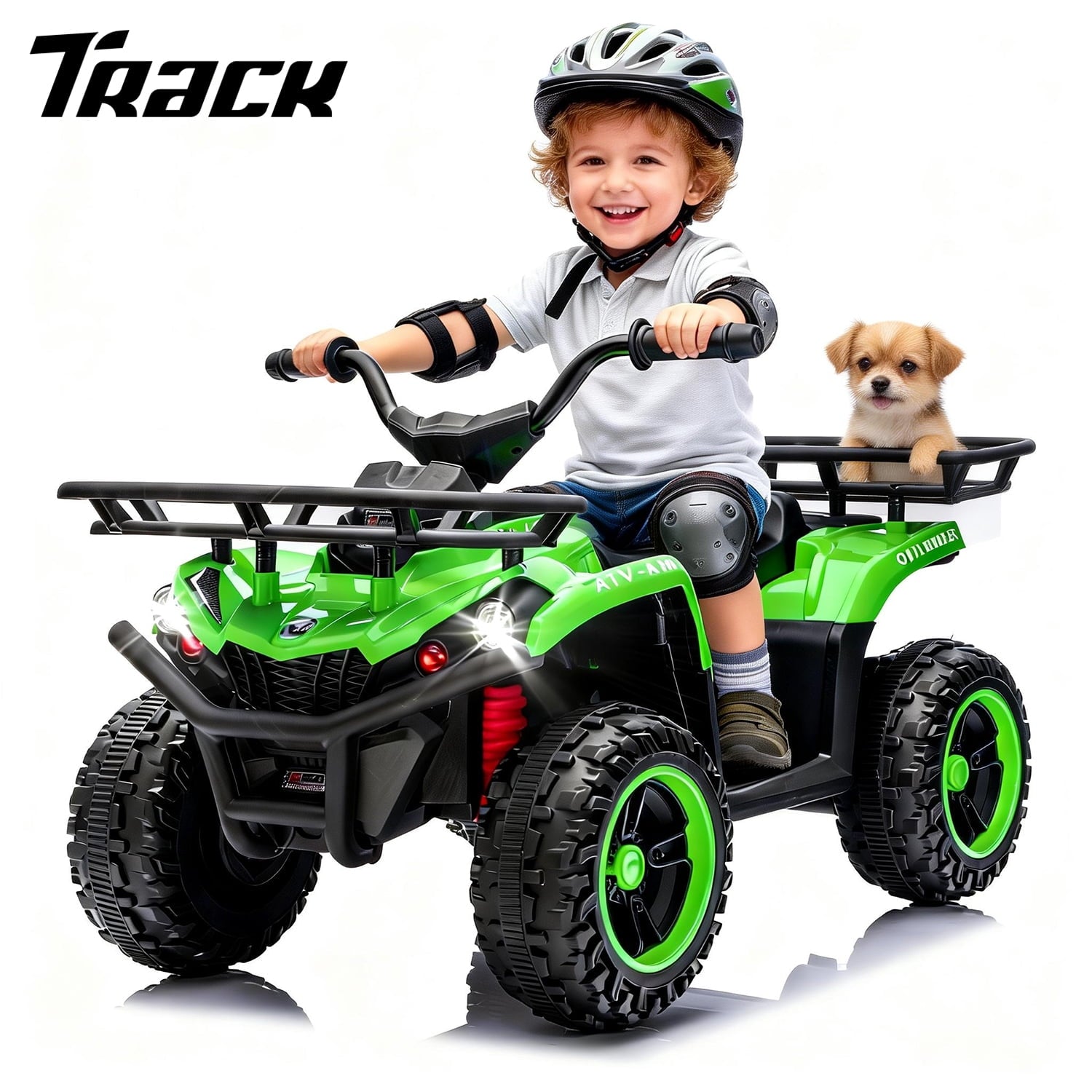 Track Seven 24V Ride on ATV, Kids ATV 4 Wheeler Quad Ride on Toy with Bluetooth, Crash Bar, Front & Rear Storage Rack, Power Display, LED Lights, Electric ATV for Boys Girls Aged 3+