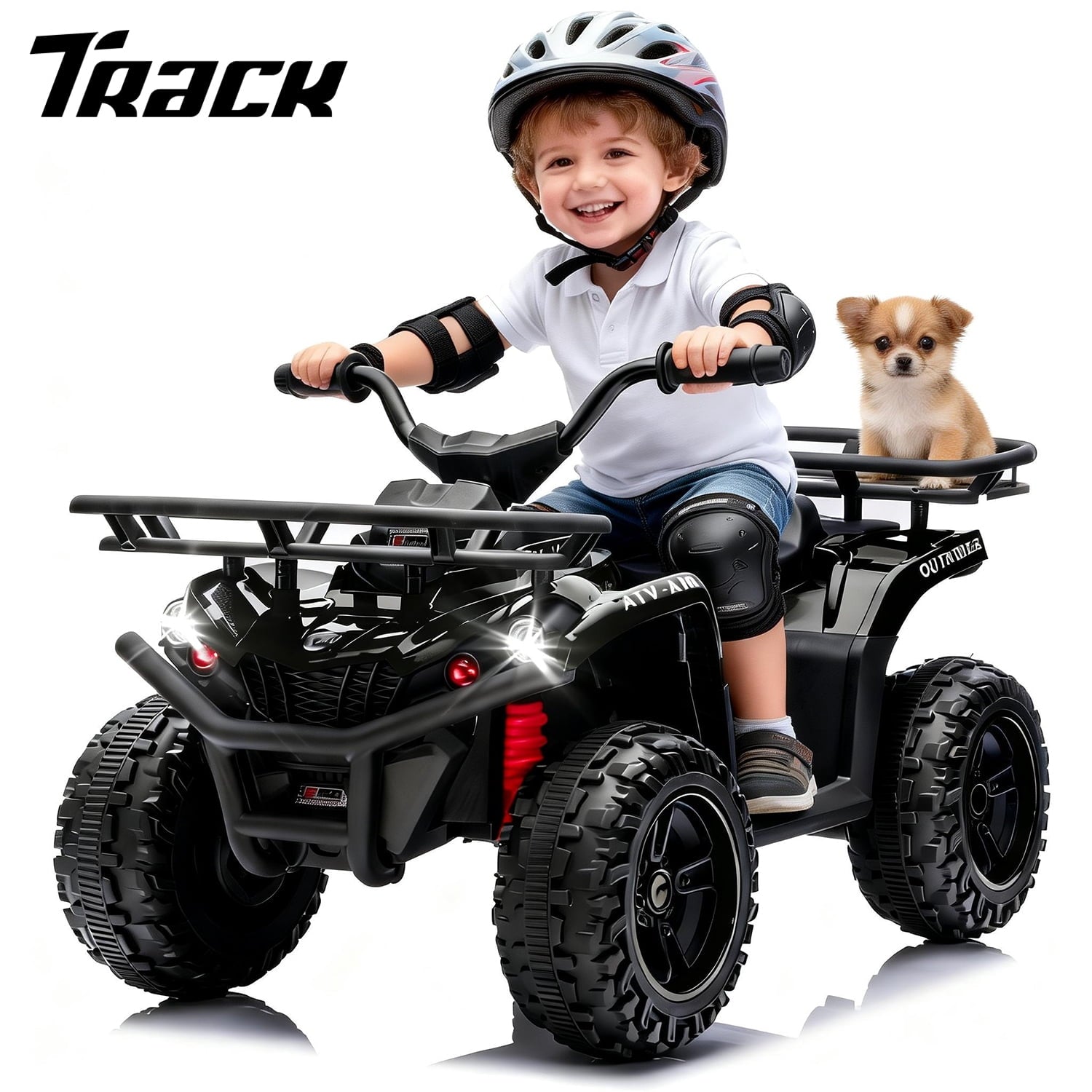 Track Seven 24V Ride on ATV, Kids ATV 4 Wheeler Quad Ride on Toy with Bluetooth, Crash Bar, Front & Rear Storage Rack, Power Display, LED Lights, Electric ATV for Boys Girls Aged 3+