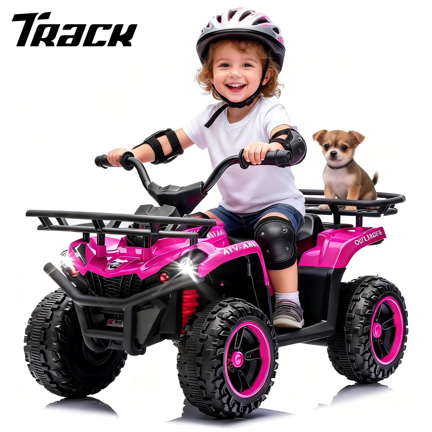 Track Seven 24V Ride on ATV, Kids ATV 4 Wheeler Quad Ride on Toy with Bluetooth, Crash Bar, Front & Rear Storage Rack, Power Display, LED Lights, Electric ATV for Boys Girls Aged 3+