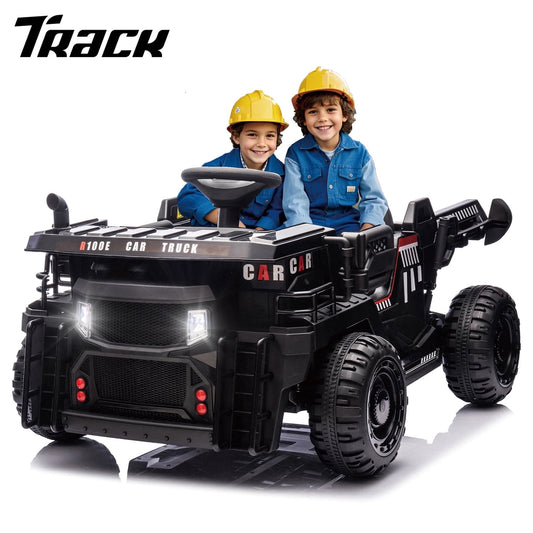 Track Seven 24V Ride on Car, 2-Seater Kids Ride on Dump Truck with E-Rear Dump, Remote, Bluetooth, LED Lights, 19.69" Width Seat, Max 5mph, 400W Motor, Electric Car for Boys Girls Age 3+, Black