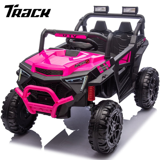 Track Seven 24V Ride on Car, 2WD Electric Off-Road UTV Truck w/ 400W Motors, Remote Control, Large Seat, Bluetooth, Lights, Power Display, Portable Handle, Electric Car for Boys Girls Aged 3+, Pink